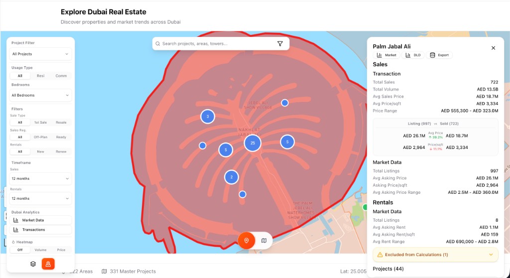 Explore Dubai real estate map with market data, transactions, and area analytics